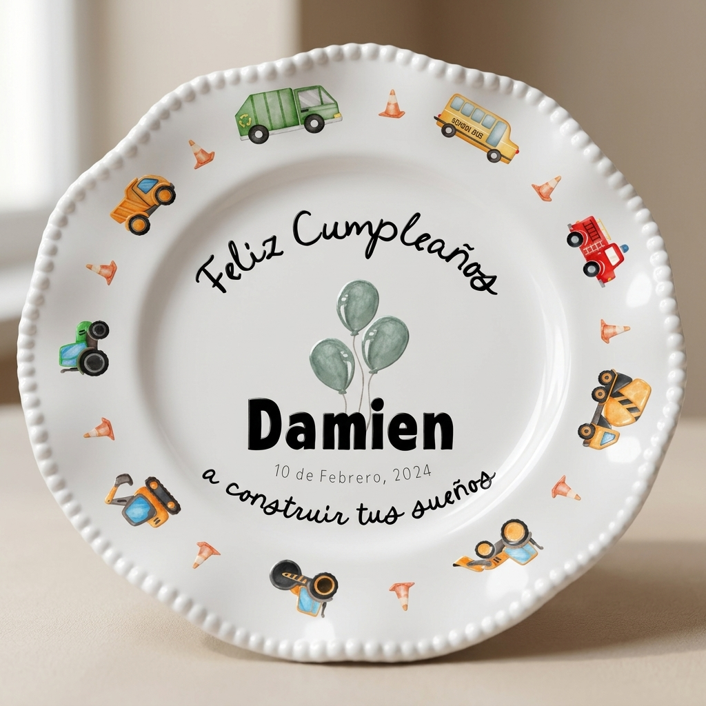 Plato personalizado - El pequeño constructor cumple años